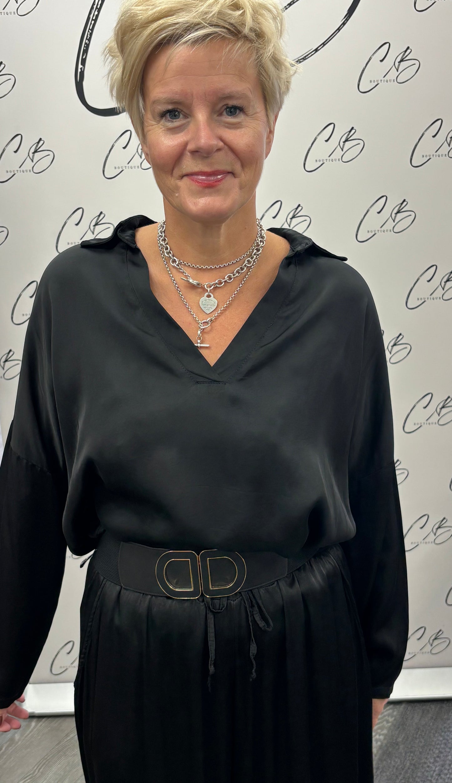 Black Satin collared long sleeve top