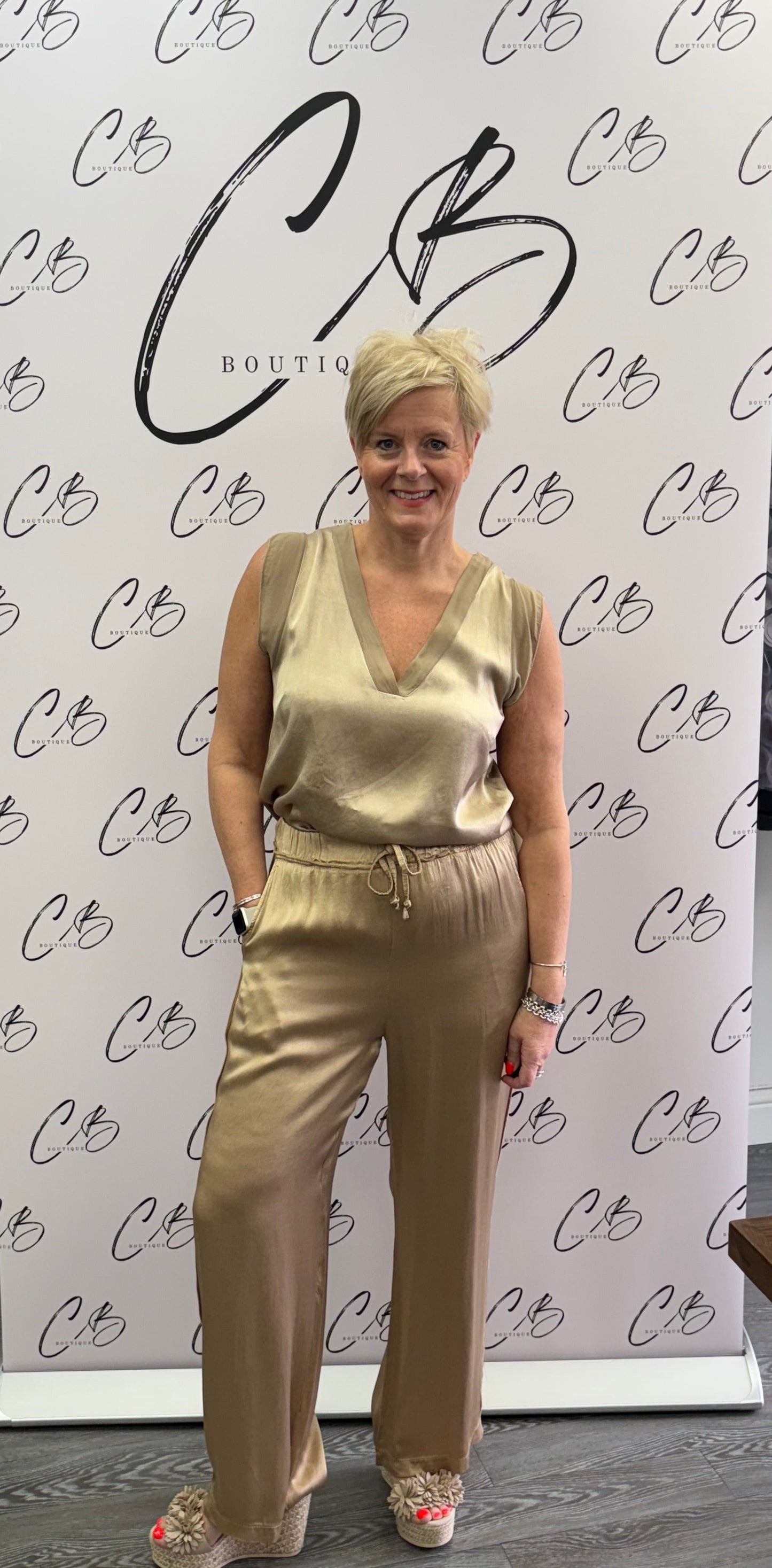 Gold Satin v Neck Sleeveless Top - Gold