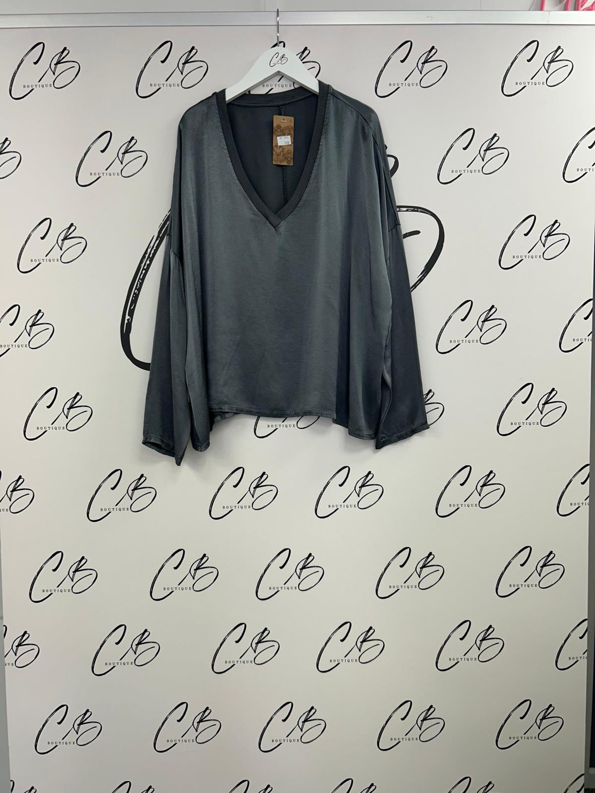 Grey v neck Satin Bat Wing