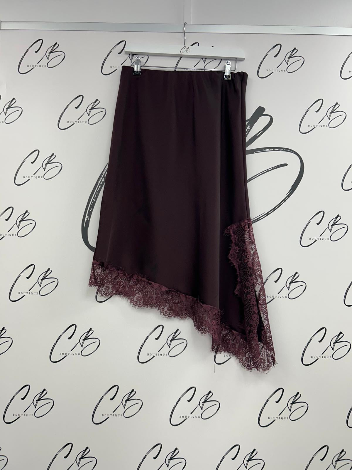 Wine Satin Asymmetric Skirt