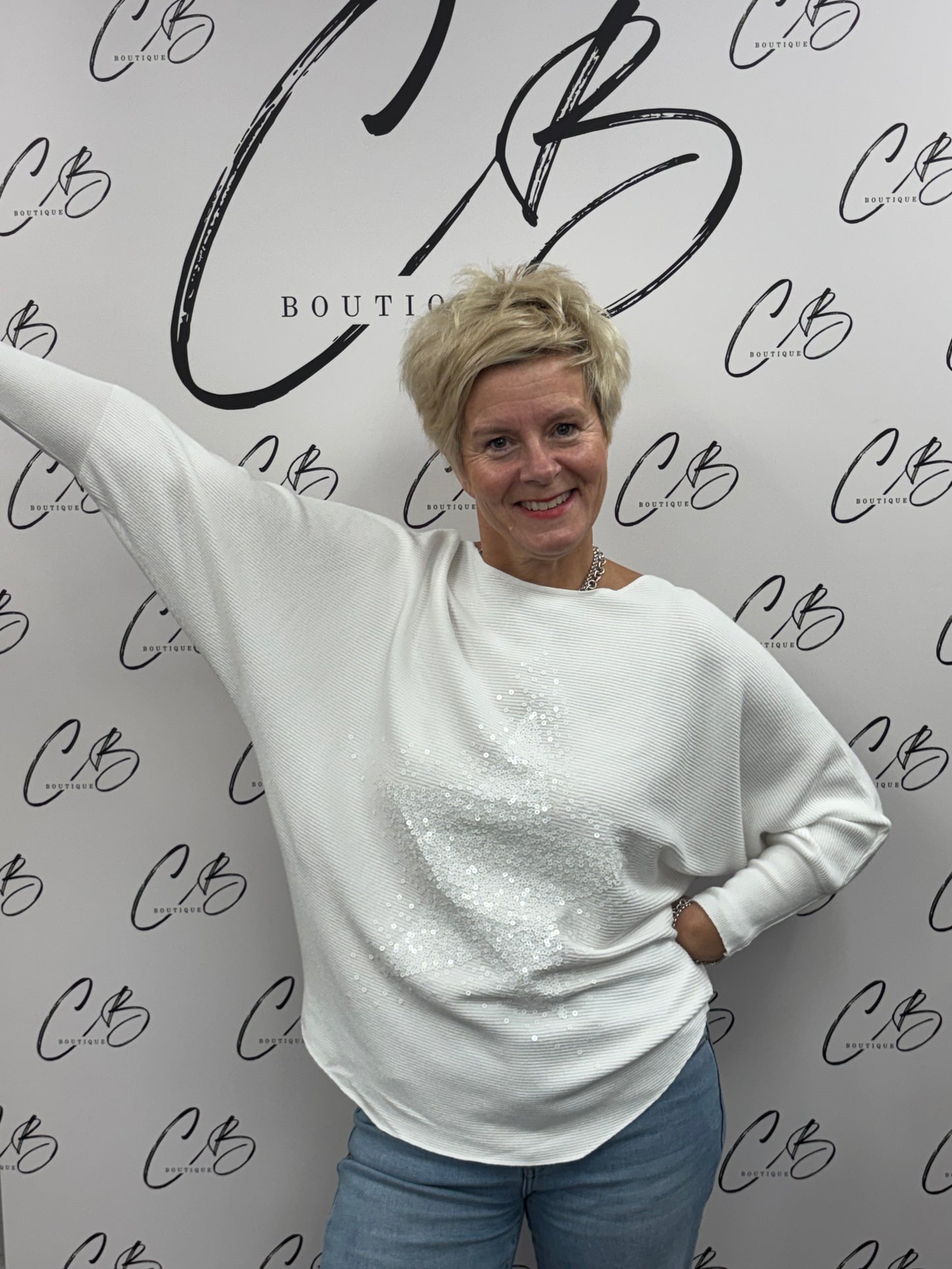 Cindy white Ribbed Star sequin jumper