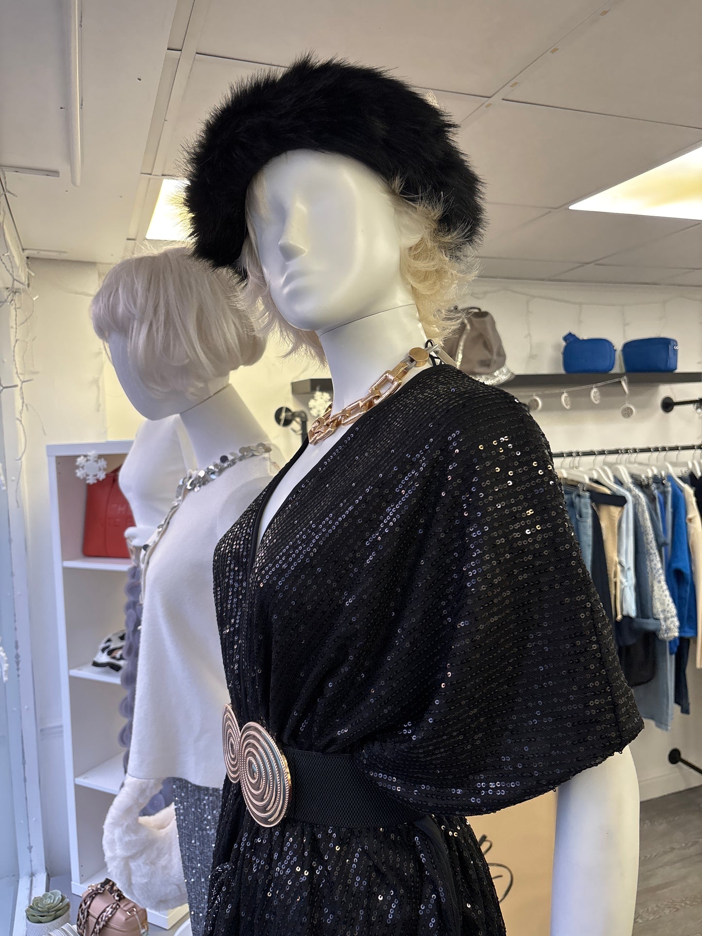 Black faux fur head scarf