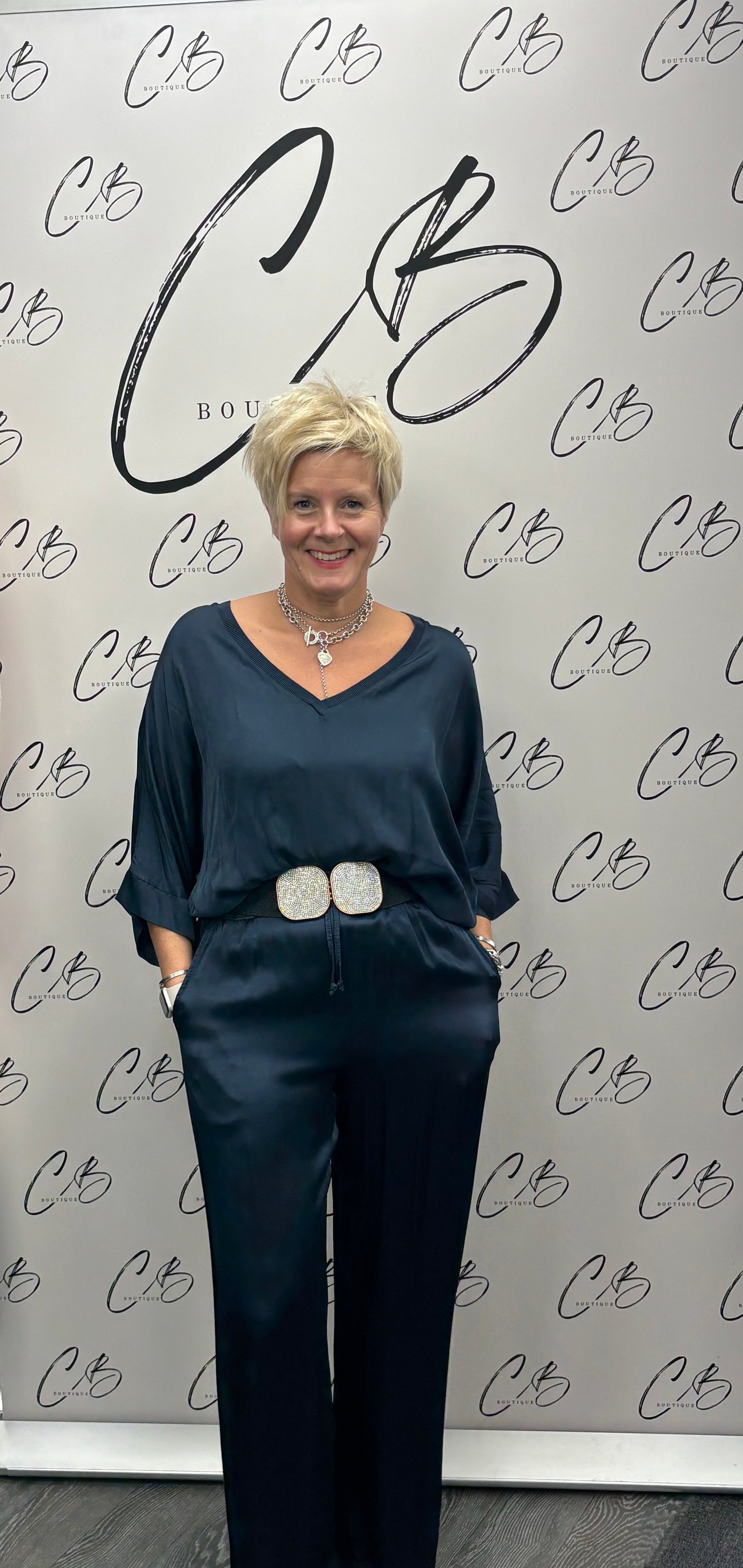 Navy satin wide leg trousers