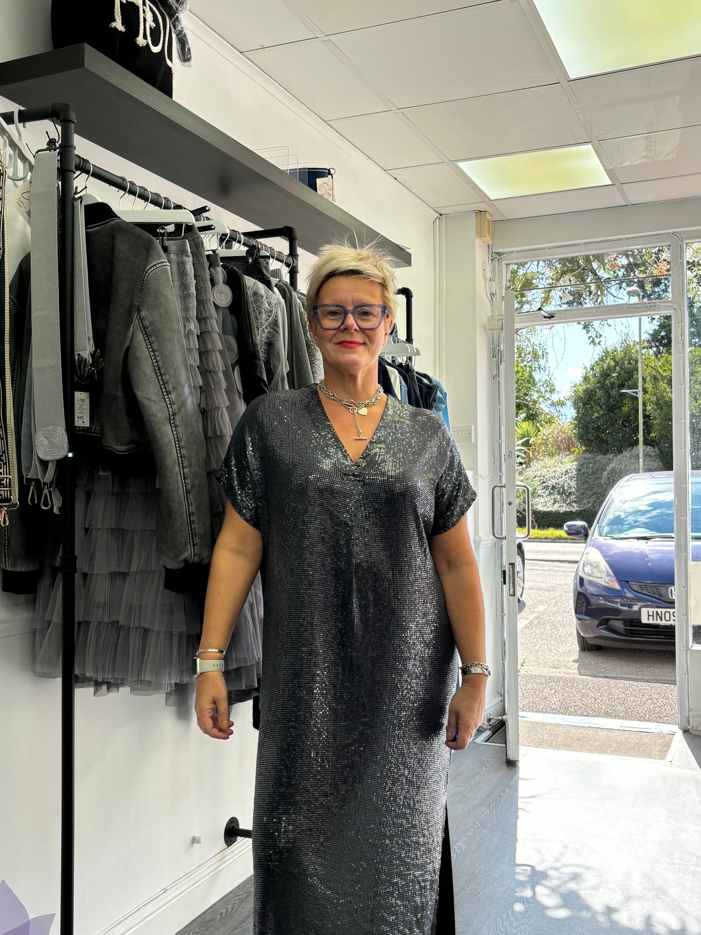 Black V Neck Sequin Dress
