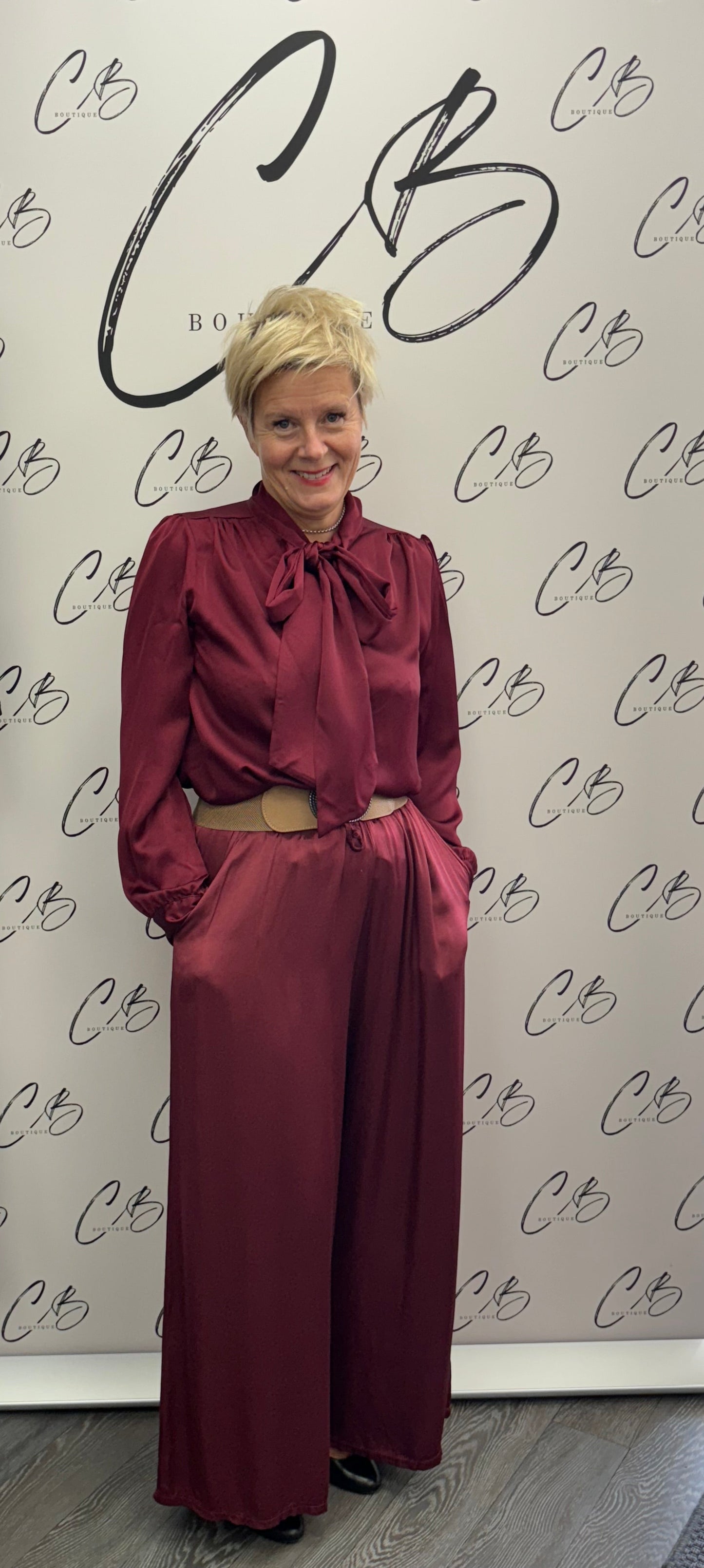 Wine satin wide leg trousers