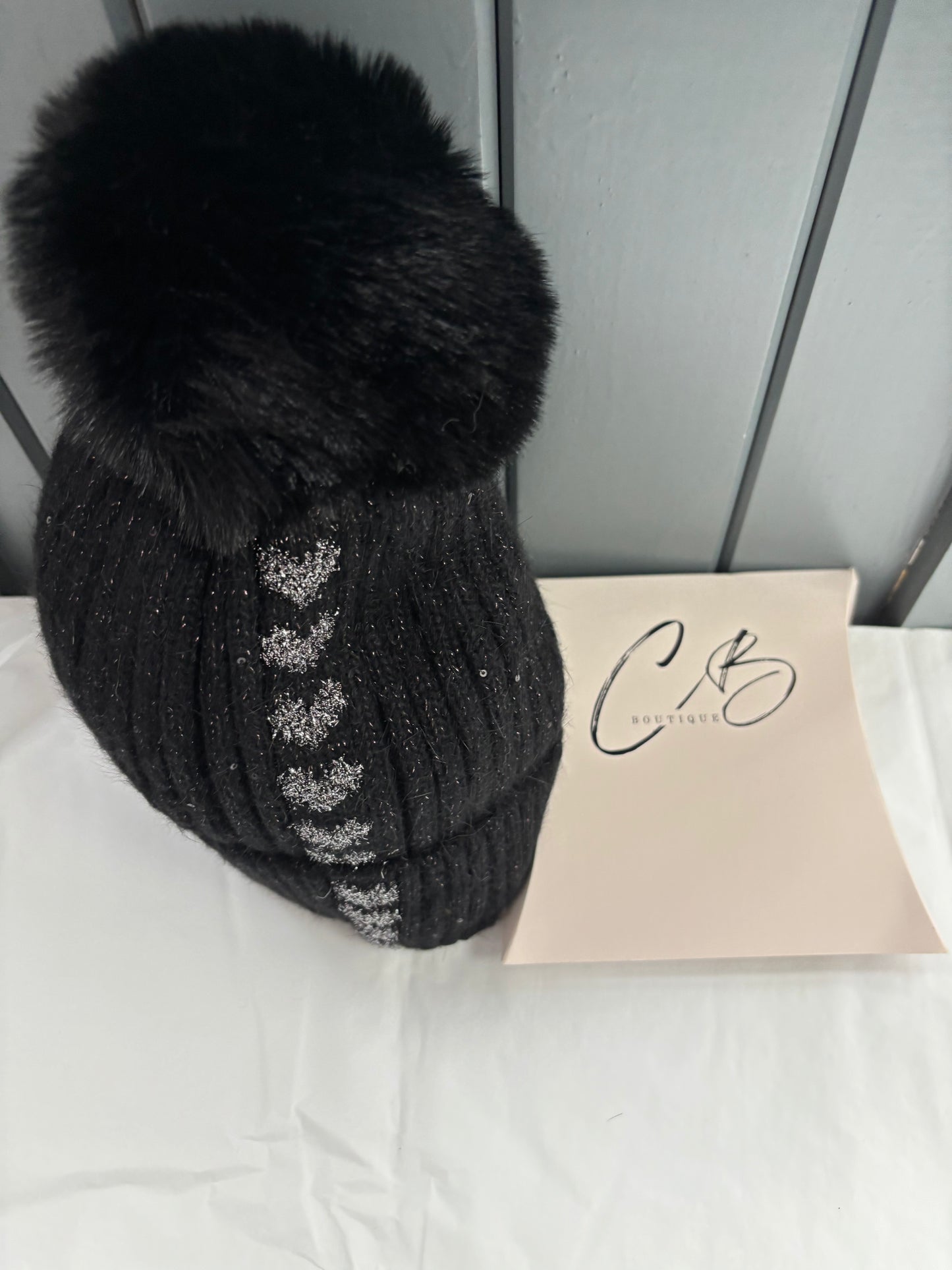 Black with glitter heart woollen bobble hat