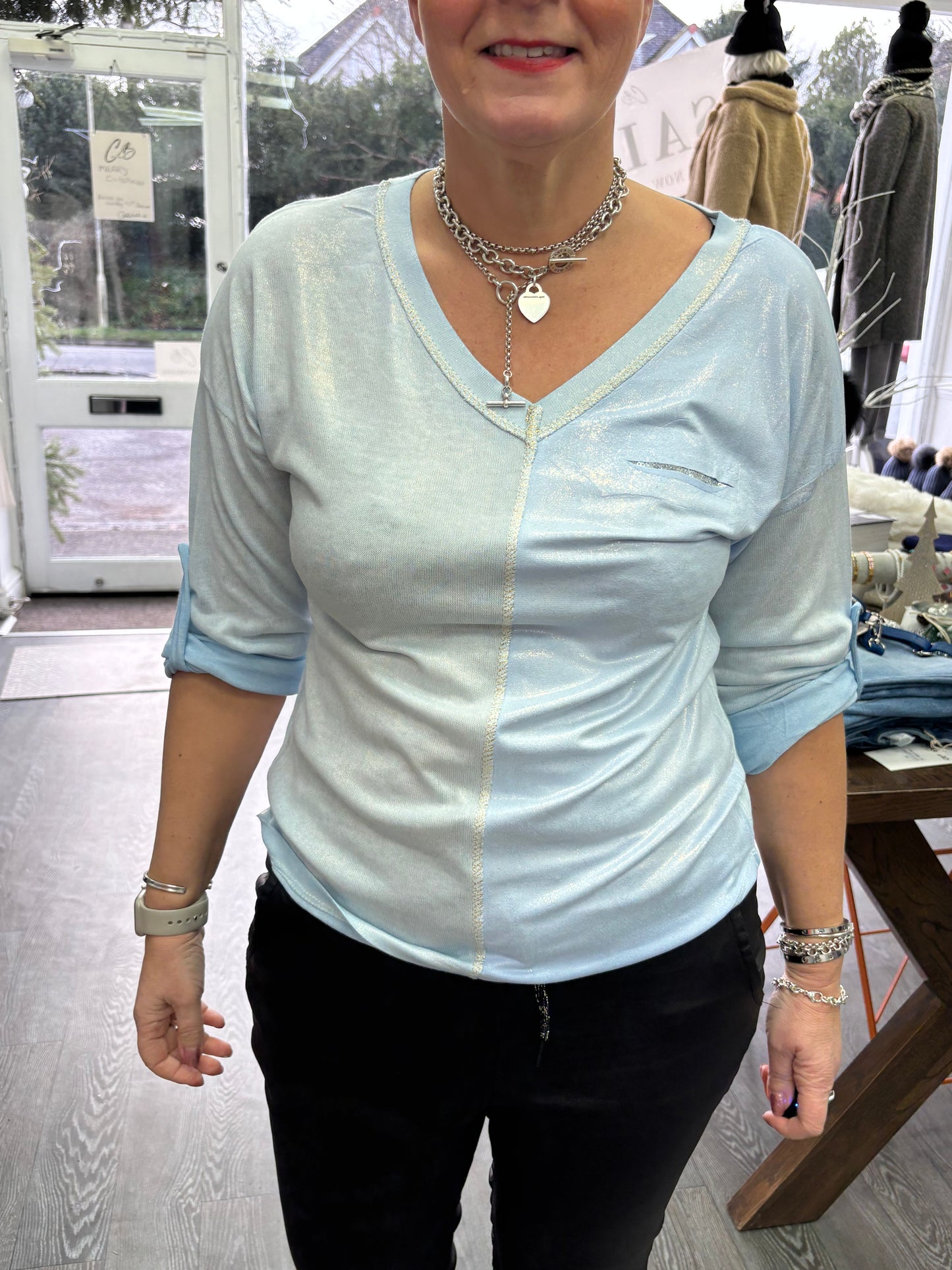 Pale blue Long sleeve top with silver