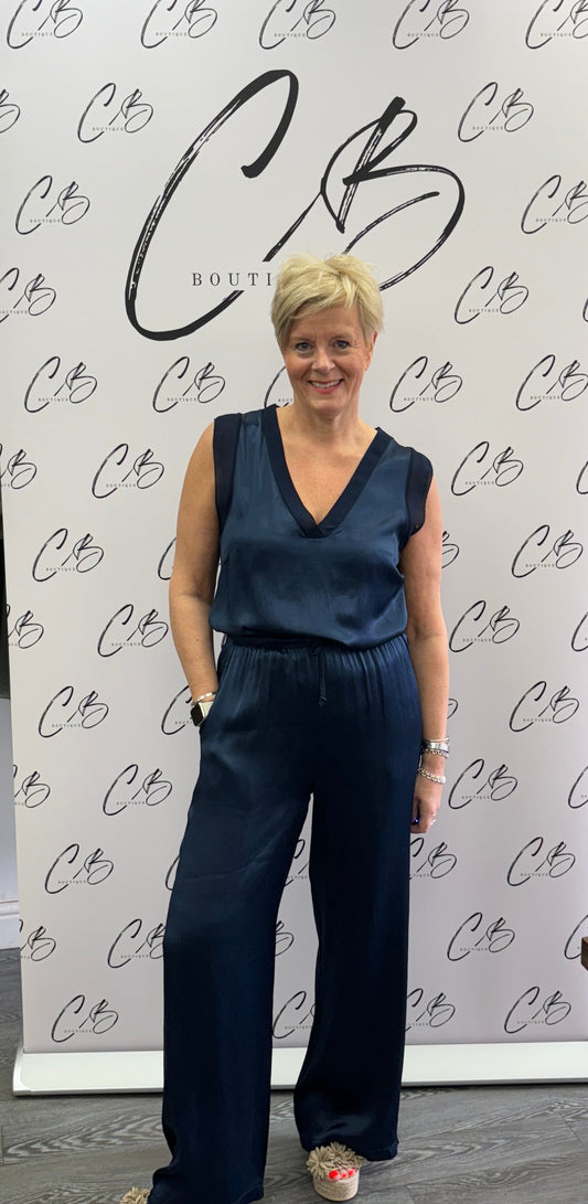 Navy satin wide leg trousers