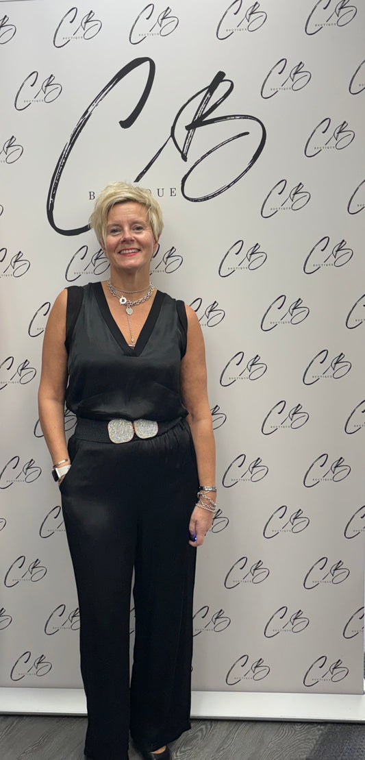 Black satin wide leg trousers