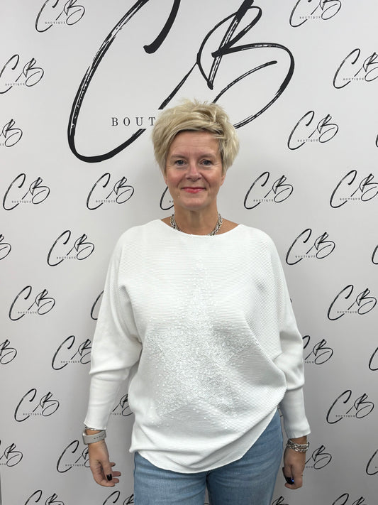 Cindy white Ribbed Star sequin jumper