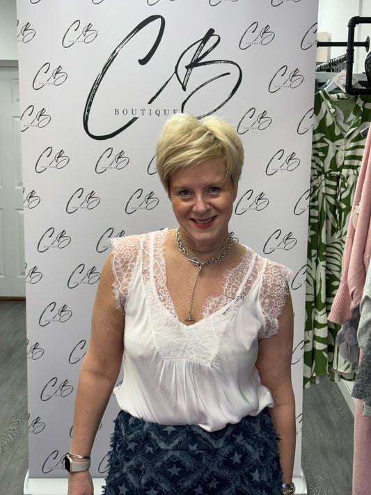 V Neck Satin Lace Top - Pale Pink