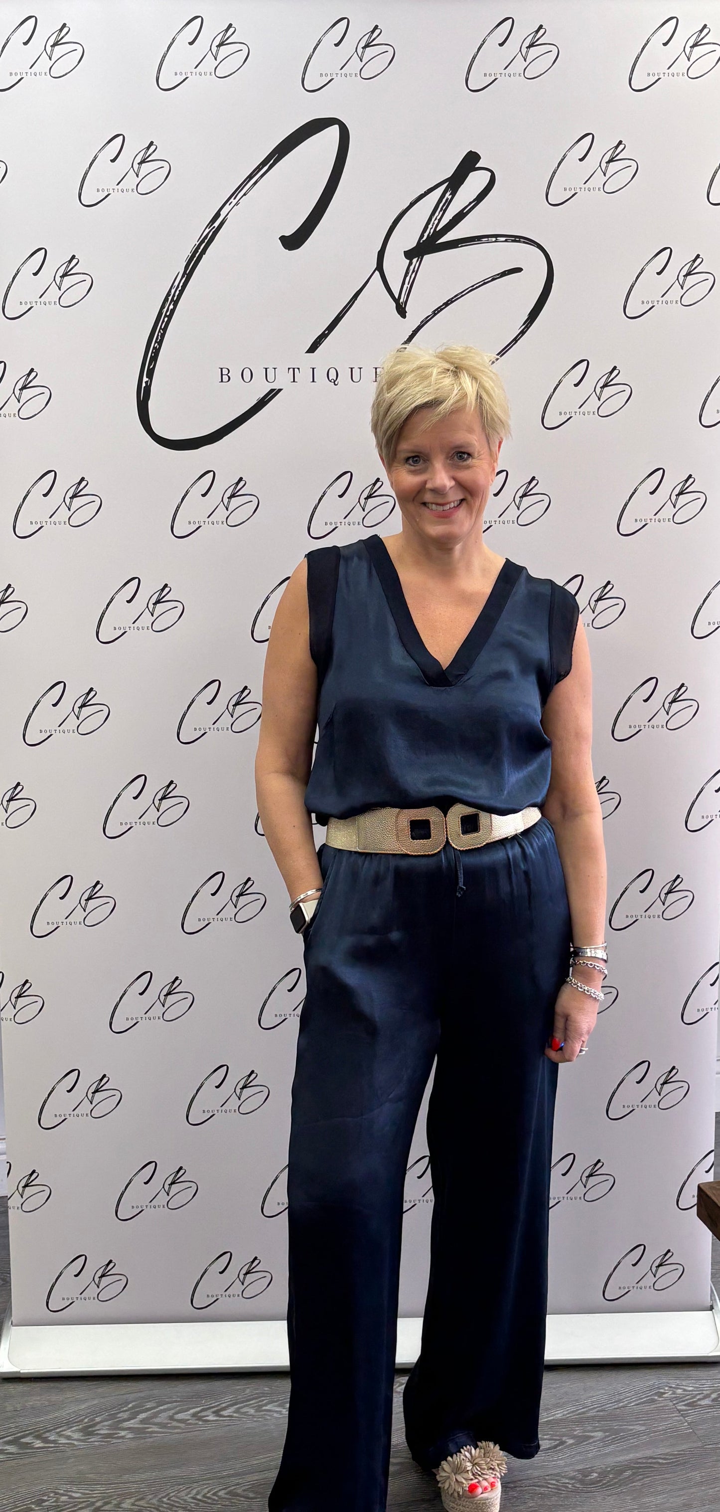 Navy satin wide leg trousers