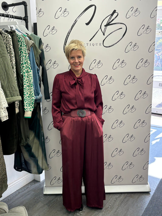 Wine satin wide leg trousers