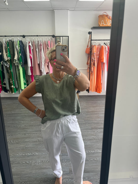 Khaki Button Back Frilled Sleeve Top