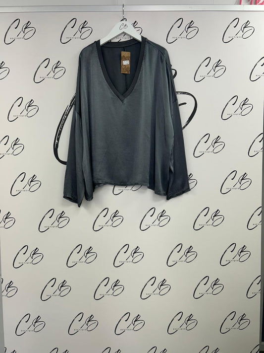 Grey v neck Satin Bat Wing