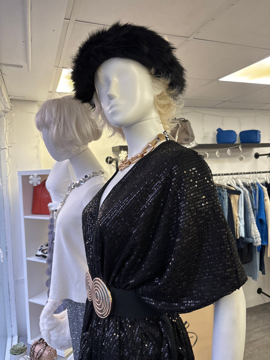 Black faux fur head scarf