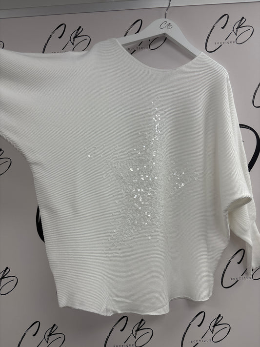 Cindy white Ribbed Star sequin jumper