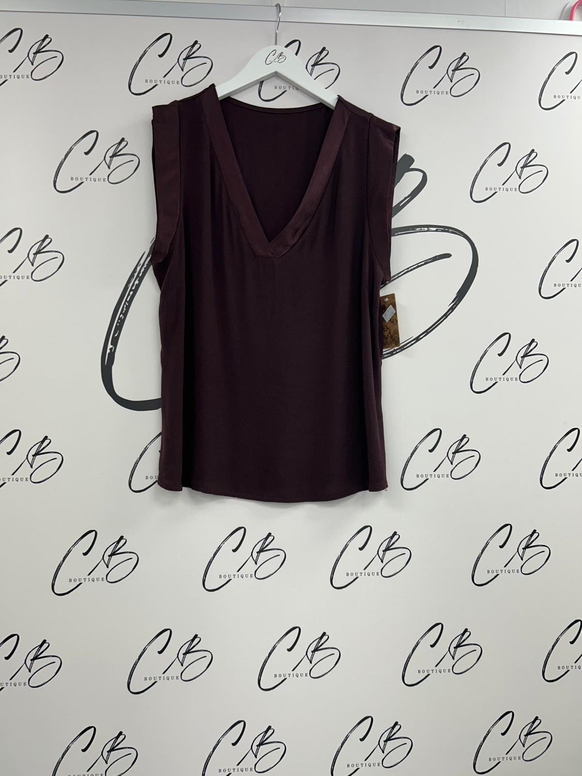 Wine Satin V Neck Sleeveless Top