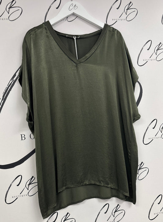 Khaki Lucy satin v neck  top