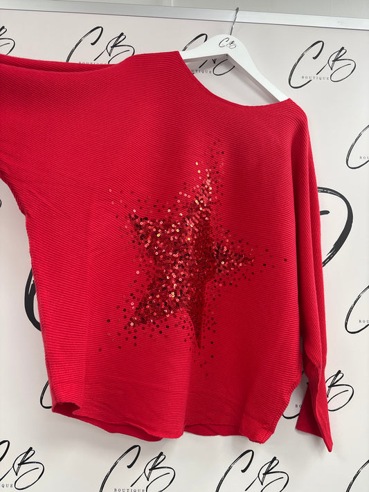 Cindy red Ribbed Star sequin jumper