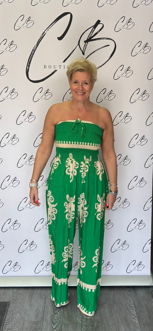 Strapless Green Floral Print Jumpsuit