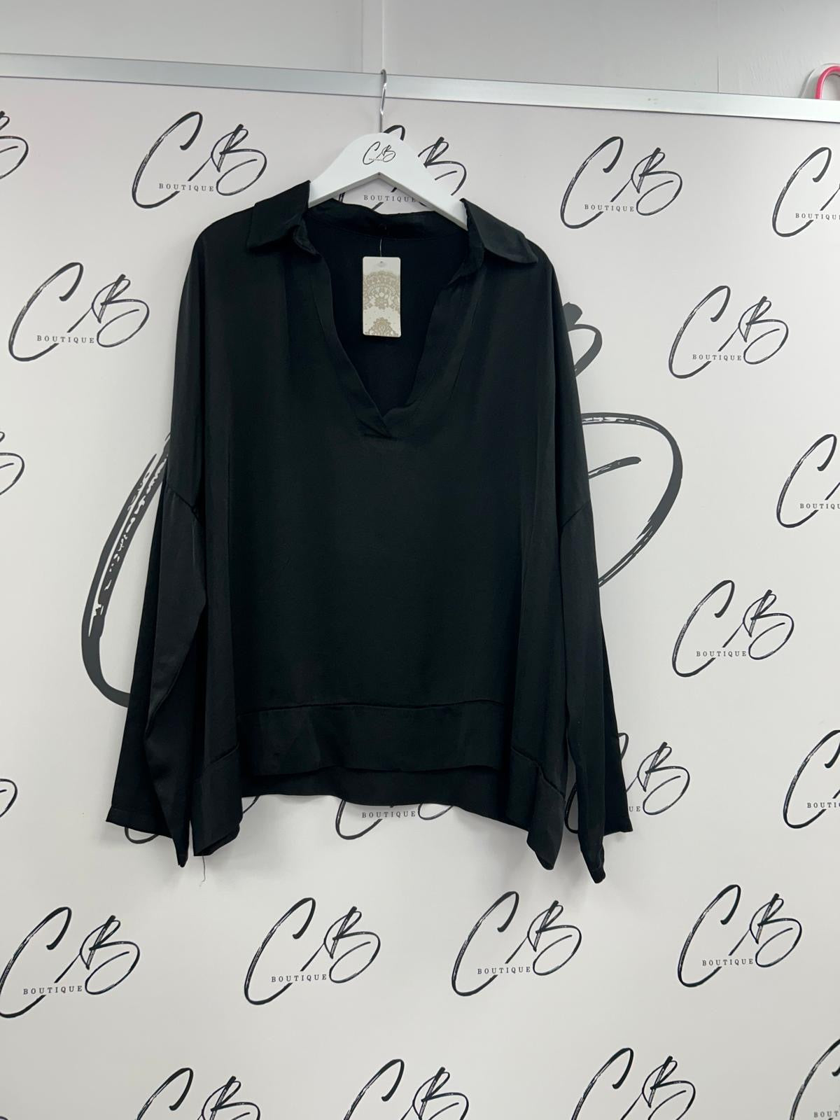 Black Satin collared long  sleeve top