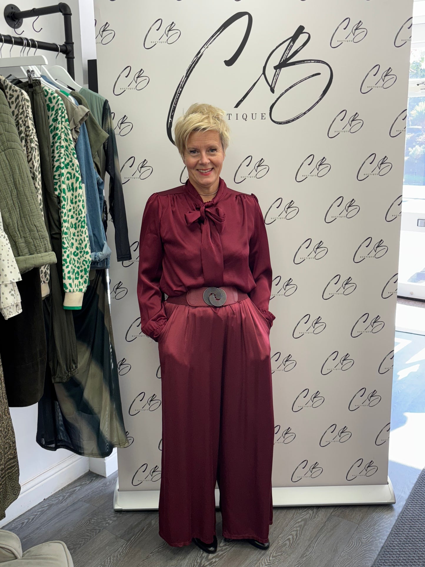 Wine satin wide leg trousers