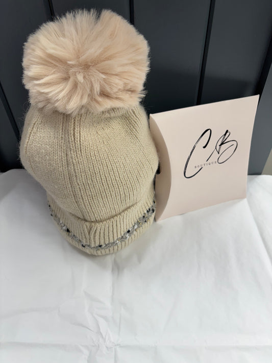 Cream with trim woollen bobble hat