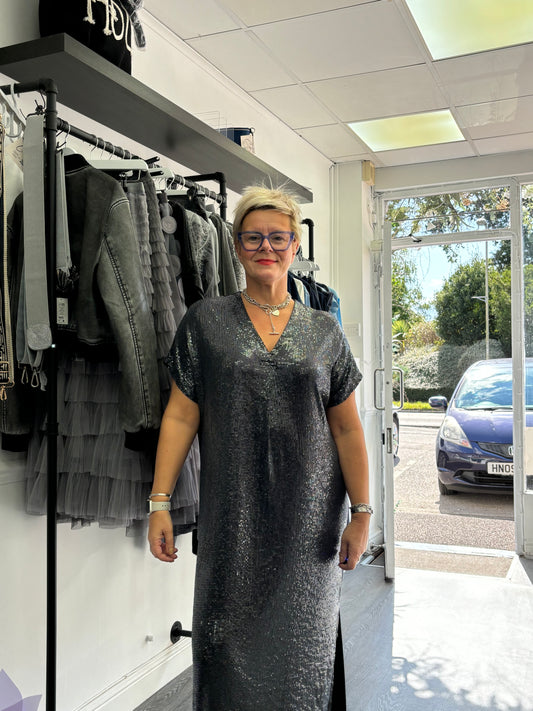 Black V Neck Sequin Dress
