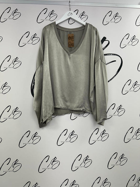 Pewter v neck Satin Bat Wing