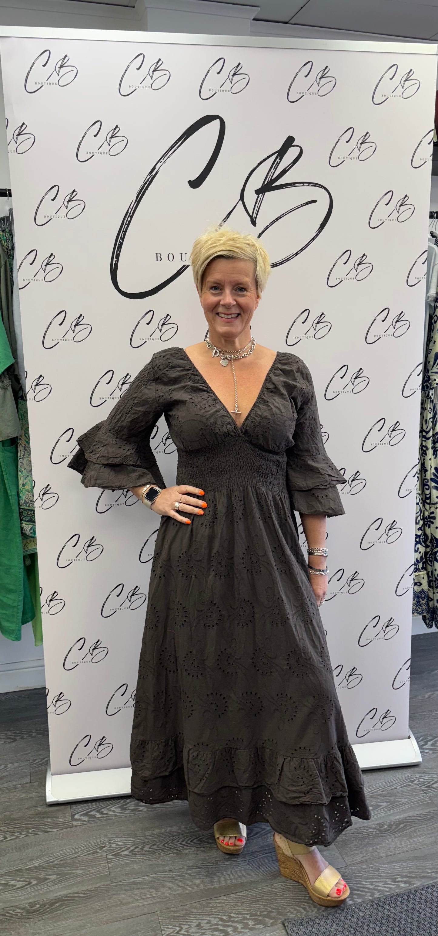 V Neck Embroidery Dress - chocolate Long