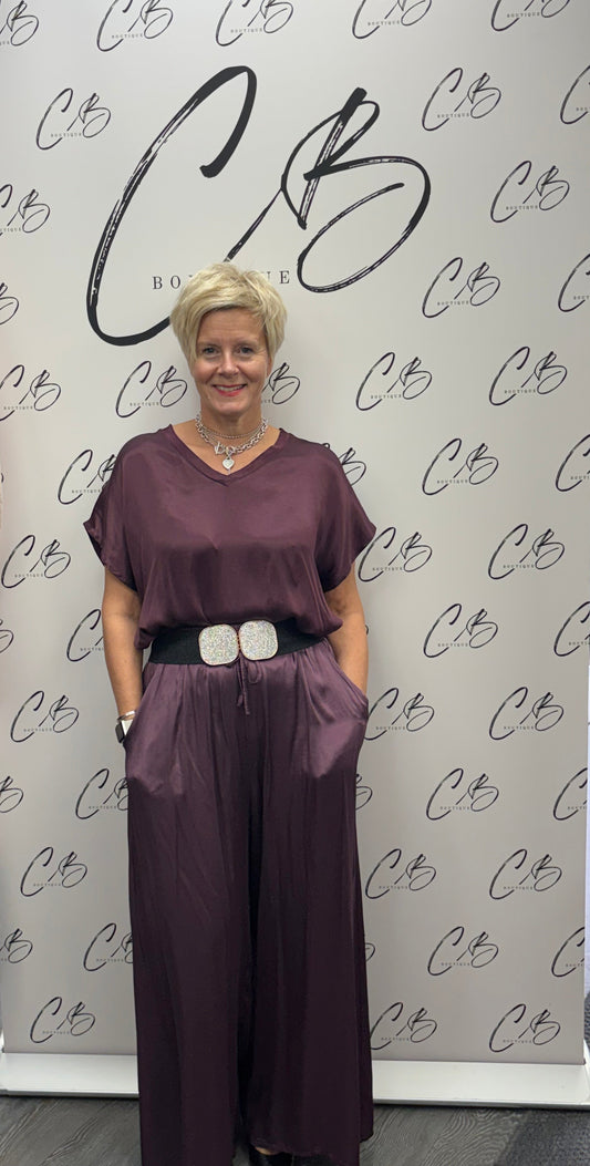 Aubergine satin wide leg trousers