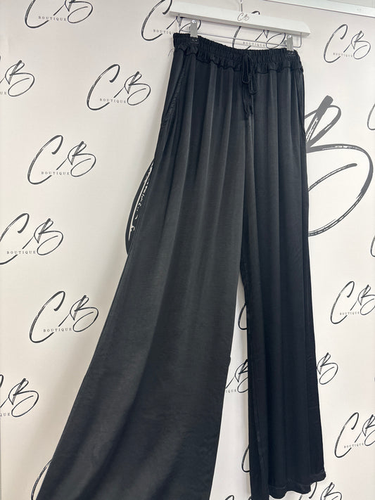 Black satin wide leg trousers
