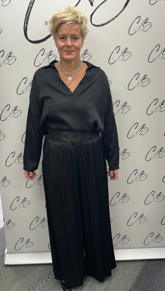 Black Satin collared long  sleeve top