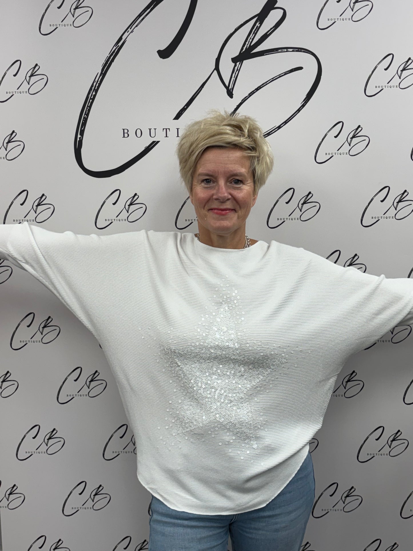 Cindy white Ribbed Star sequin jumper