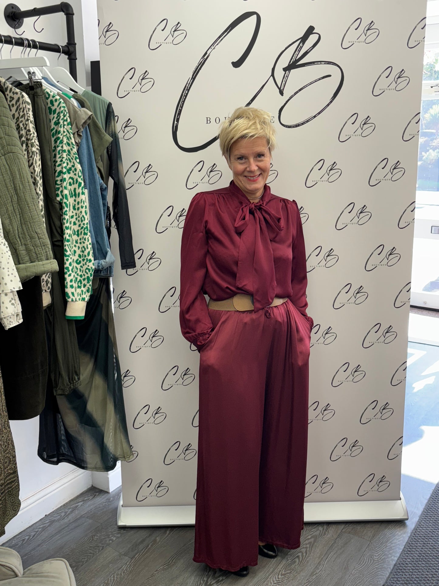Wine satin wide leg trousers