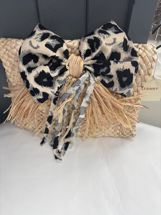 Black and white Bow Small Straw Clutch bag