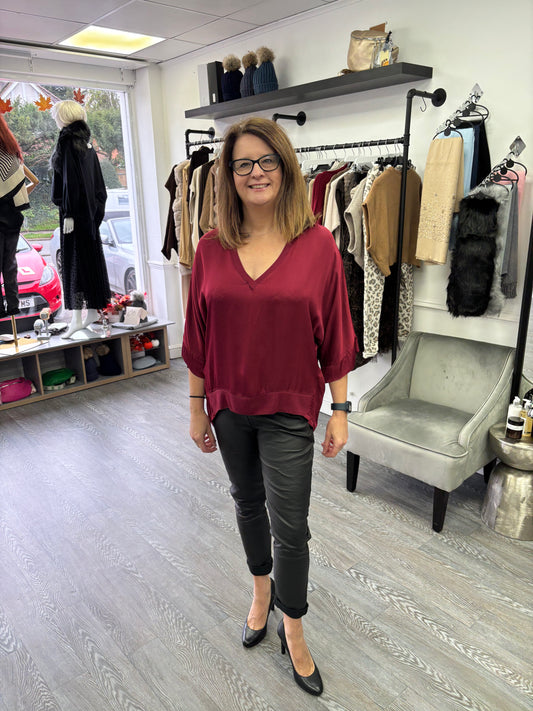 Wine V Neck Satin Bat Wing