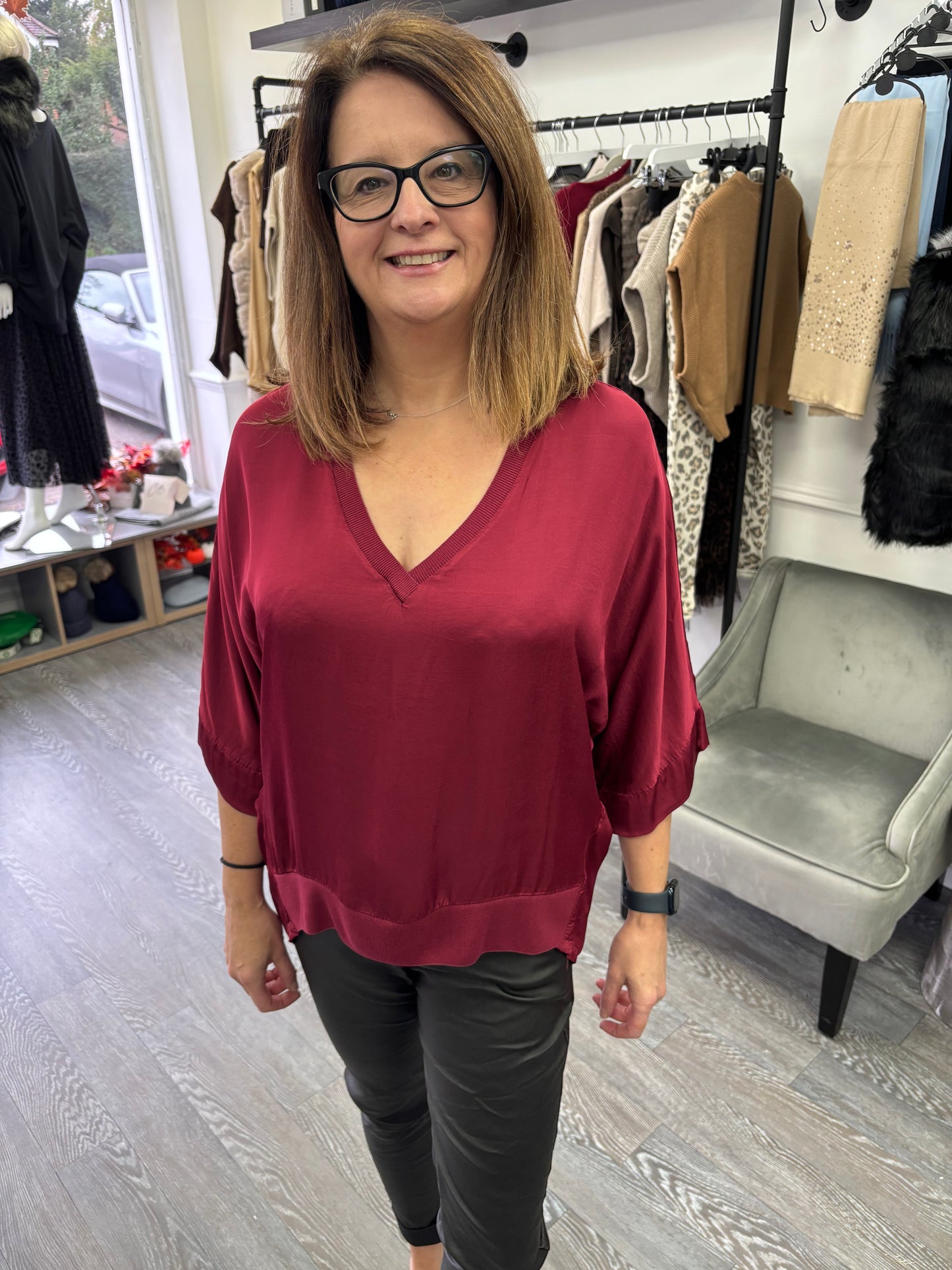 Wine V Neck Satin Bat Wing