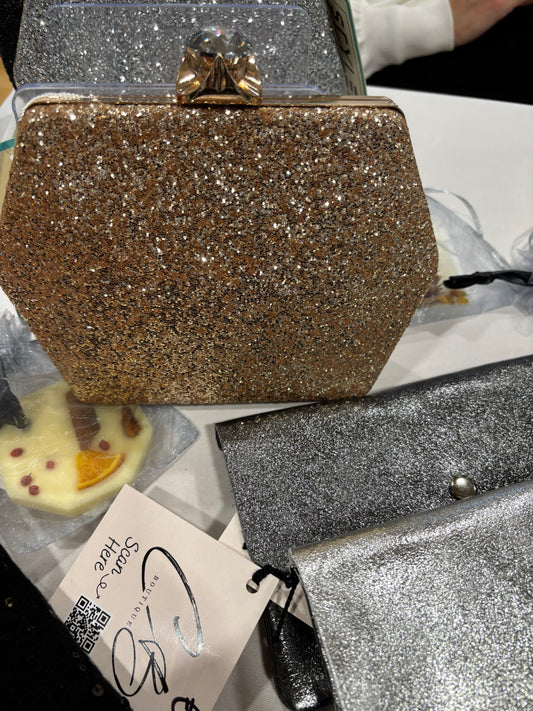 Gold glitter hexagon hand bag with gold handle