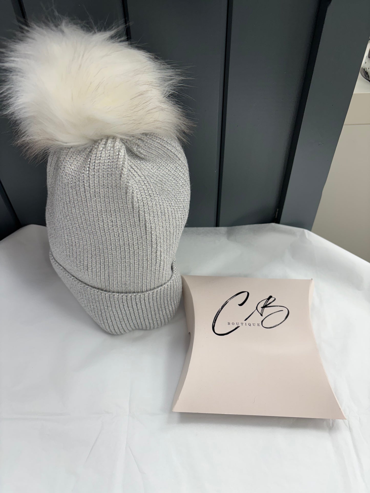 Silver glitter woollen bobble hat