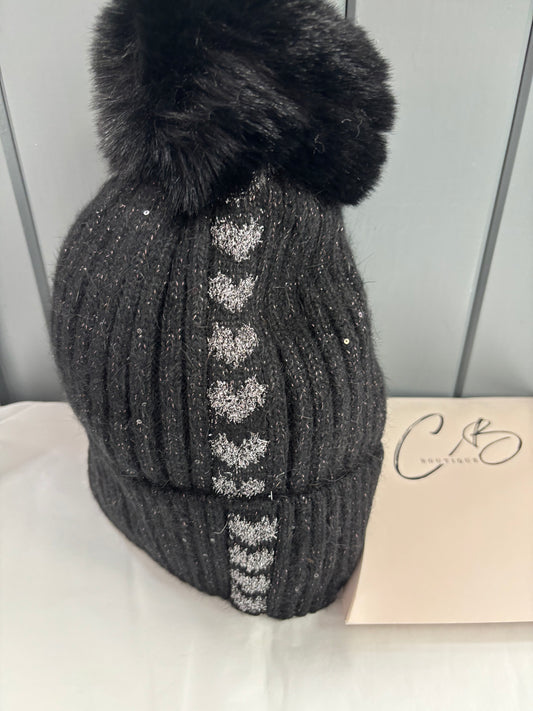 Black with glitter heart woollen bobble hat