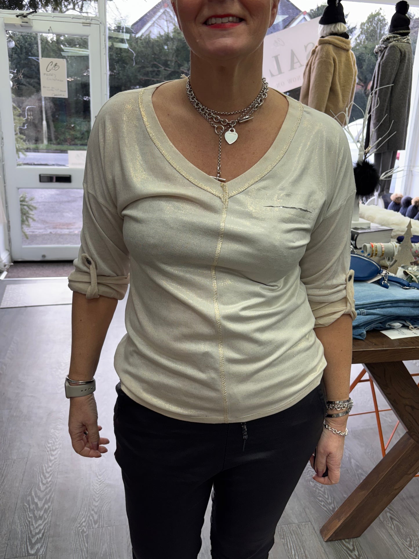 Champagne Long sleeve top with silver