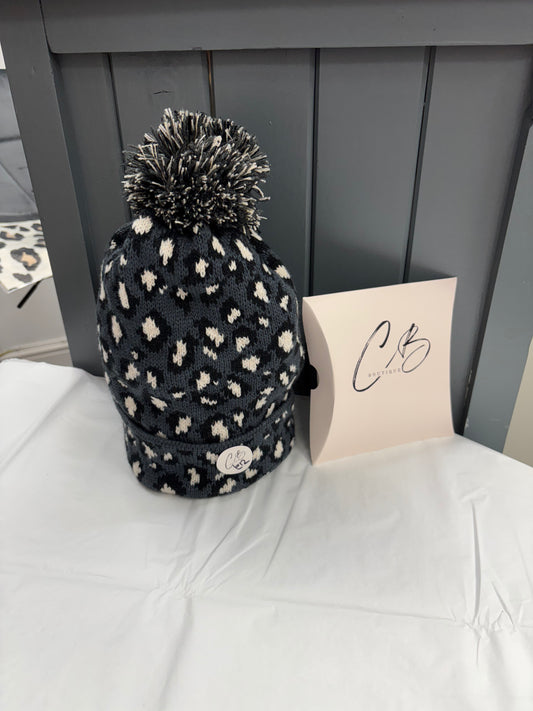 Grey and white leopard Woollen Bobble hat