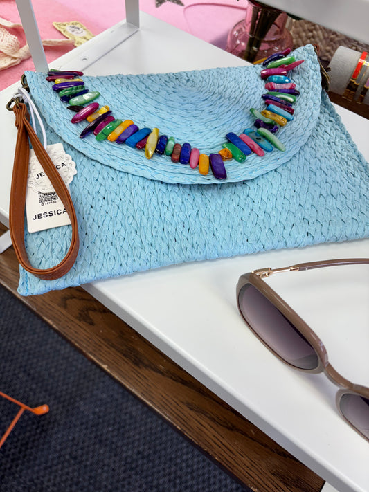 Blue Beaded Small Straw Clutch bag