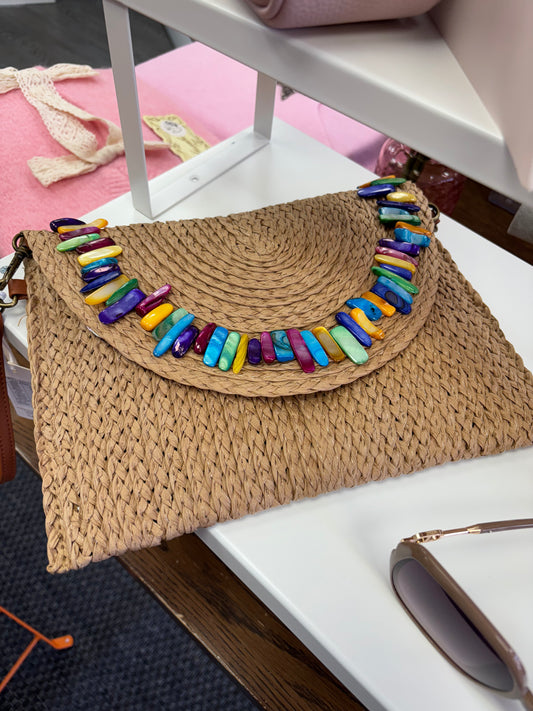 Camel Beaded Small Straw Clutch bag