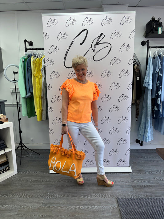 Neon Orange T shirt frilled sleeve