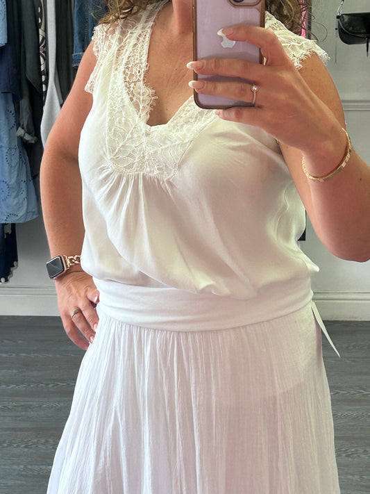 V Neck Satin Lace Top - White