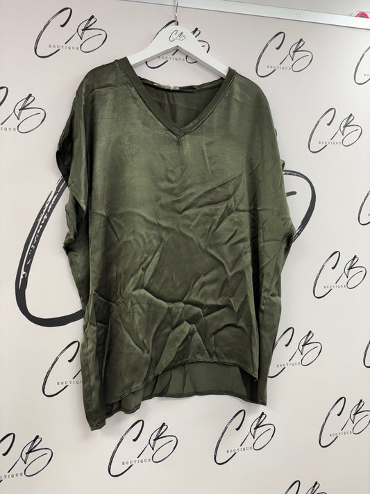 Khaki Lucy satin v neck  top